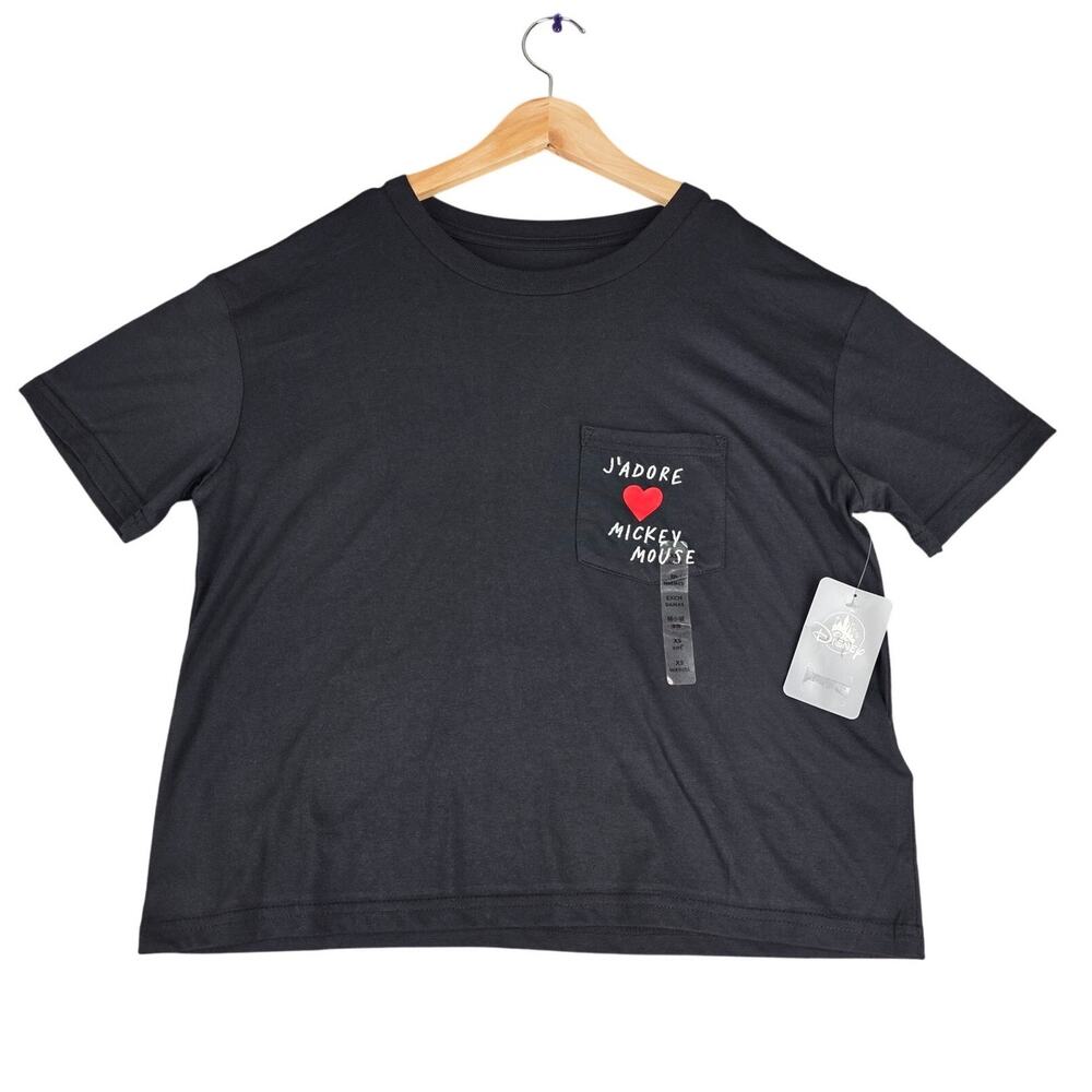 DISNEY PARKS WOMENS J’ADORE MICKEY MOUSE BLACK POCKET T-SHIRT - SIZE X-SMALL